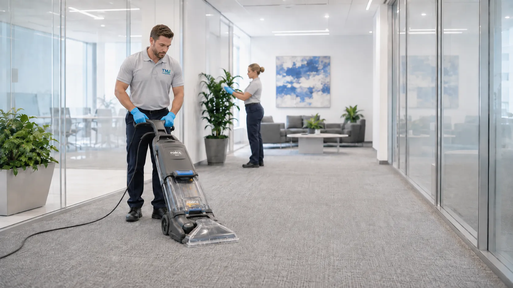 A professional using carpet extraction equipment to deep clean a commercial space.